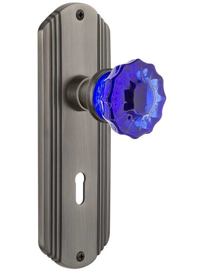Streamline Deco Mortise Lock Set with Colored Fluted Crystal Glass Knobs Cobalt Blue in Antique Pewter.